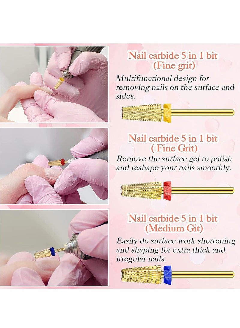 Generic - Carbide Nail Drill Bit Use for both Left to Right Handed, 3/32 Inch Nail Bit for Fast Remove Acrylic Gel Nail 3 Pieces Nail Carbide 5 in 1 Bit Multi-function Tapered Shaping Nail Drill - Image 1