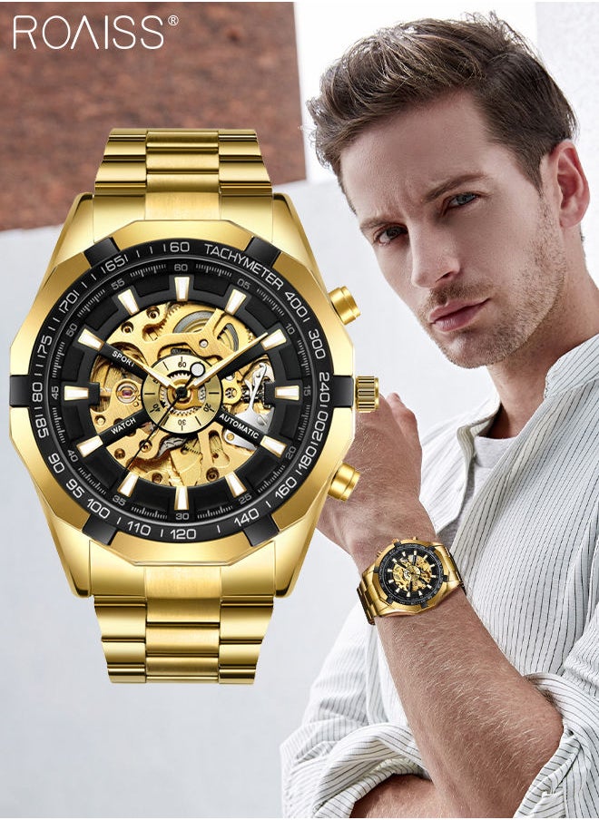 roaiss Men's Stainless Steel Strap Mechanical Watch Analog Display Round Black Dial with Hollow Pattern Decoration Waterproof Luminous Wristwatch as Gift for Men  - Image 1
