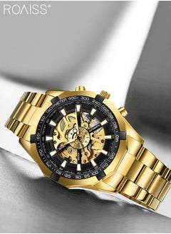roaiss Men's Stainless Steel Strap Mechanical Watch Analog Display Round Black Dial with Hollow Pattern Decoration Waterproof Luminous Wristwatch as Gift for Men  - Image 2