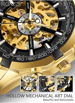 roaiss Men's Stainless Steel Strap Mechanical Watch Analog Display Round Black Dial with Hollow Pattern Decoration Waterproof Luminous Wristwatch as Gift for Men  - Image 4