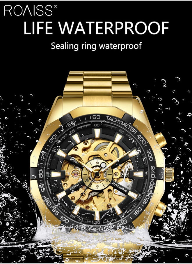 roaiss Men's Stainless Steel Strap Mechanical Watch Analog Display Round Black Dial with Hollow Pattern Decoration Waterproof Luminous Wristwatch as Gift for Men  - Image 5