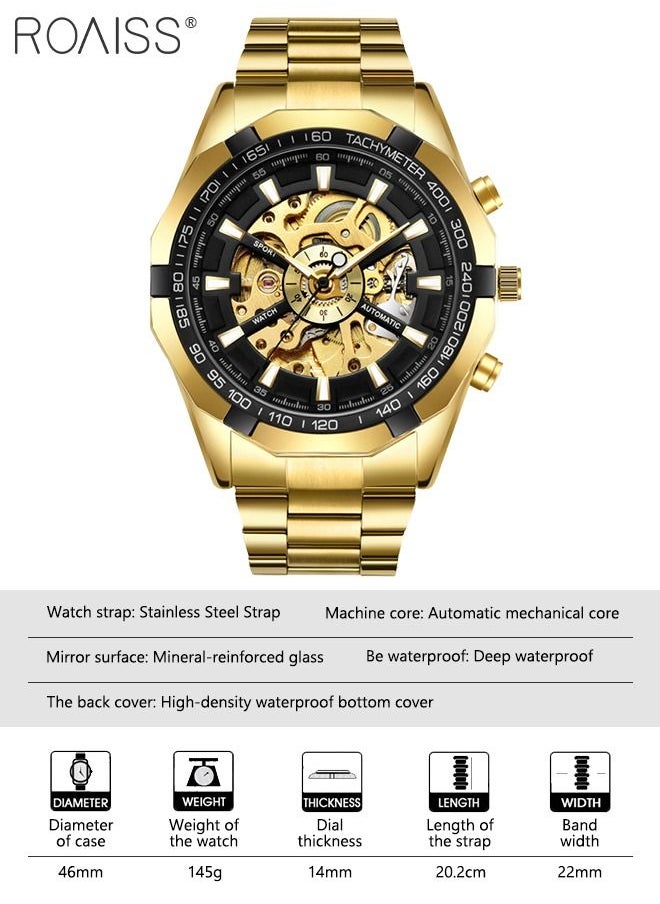 roaiss Men's Stainless Steel Strap Mechanical Watch Analog Display Round Black Dial with Hollow Pattern Decoration Waterproof Luminous Wristwatch as Gift for Men  - Image 3