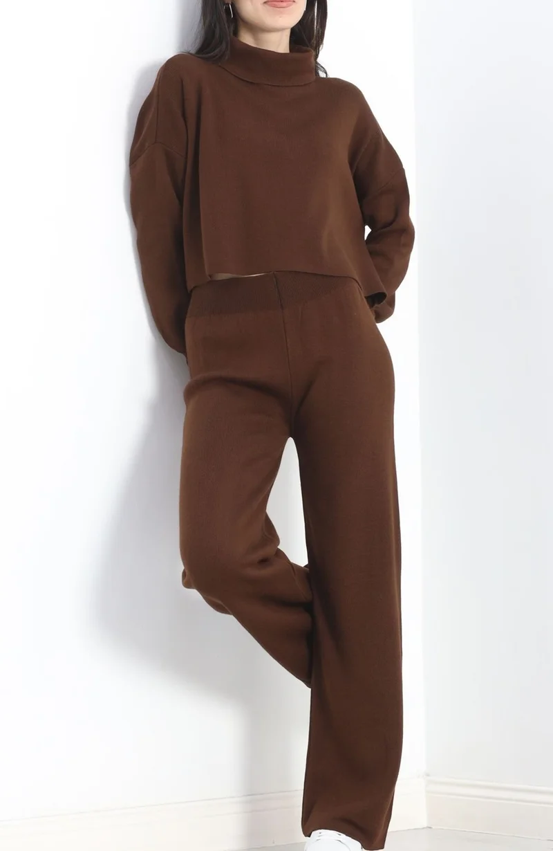 Hilal Giyim Double Crop Knitwear Set Light Brown - 15282.1766.