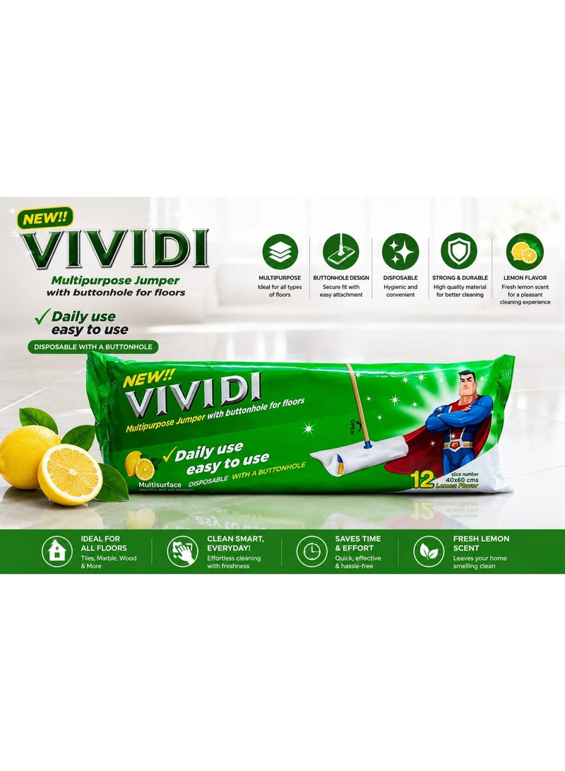 أوراق غيار ممسحة VIVIDI متعددة الاستخدامات وتُستعمل لمرة واحدة – برائحة الليمون، مناديل تنظيف الأرضيات | 12 ورقة بتصميم فتحات تثبيت - Image 1