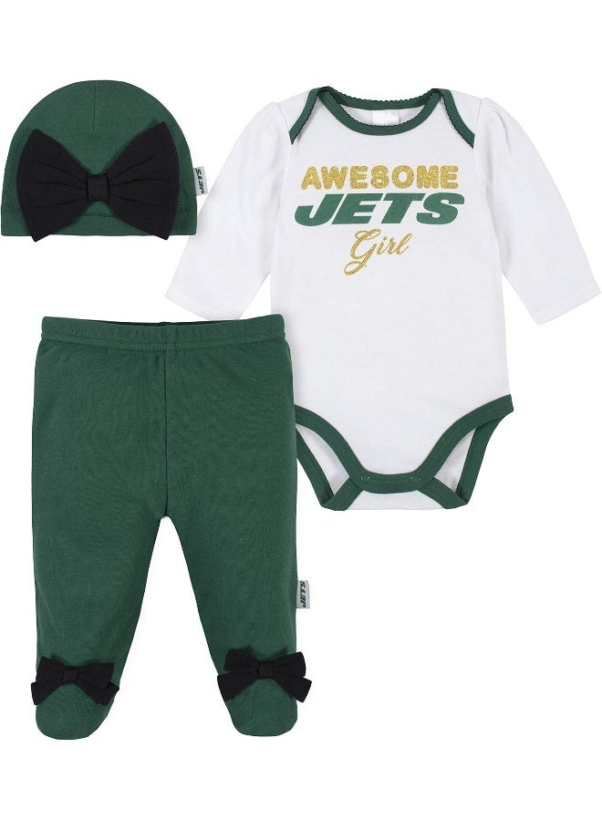 Gerber NFL Baby Girls 3 Pack Bodysuit Footed Pant and Cap Registry Gift Set  - Image 1