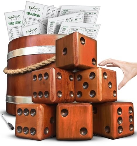 Swooc Games Yardzee Farkle 20 Giant Dice Games All Weather Yard Dice with Wooden Bucket 5 Scorecards Marker Jumbo Dice Yard Game Extra Large Yard Game for Adults Jumbo Lawn Fun - Image 1