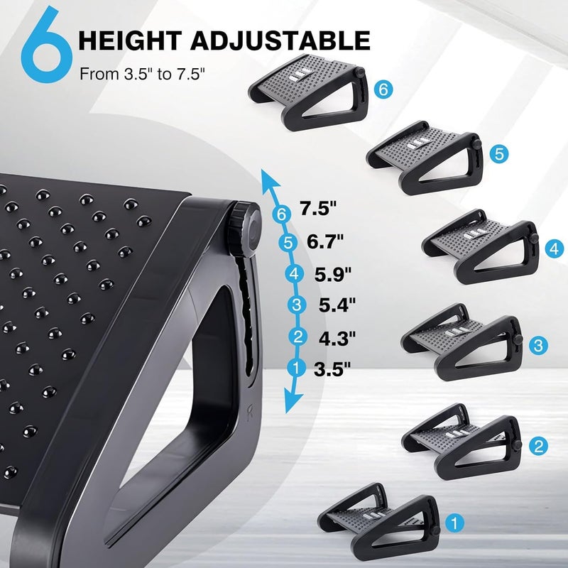 FWQPRA Foot Rest Six Height Adjustable Foot Rest for Under Desk at Work Ergonomic Foot Stool for Under Office Desk Under Desk Footrest with Foot Massage Roller for Leg Rest Black - Image 2