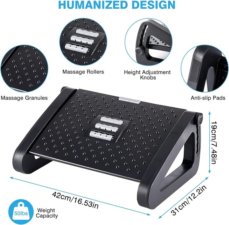 FWQPRA Foot Rest Six Height Adjustable Foot Rest for Under Desk at Work Ergonomic Foot Stool for Under Office Desk Under Desk Footrest with Foot Massage Roller for Leg Rest Black - Image 3