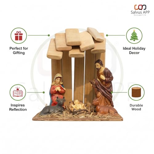 Salvus APP SOLUTIONS Sacred Harmony: Resin 5-Pcs Nativity Set with Wooden Hut - A Timeless Symbol of Christmas Tradition (Multicolor_8x8 Inch) - Image 4
