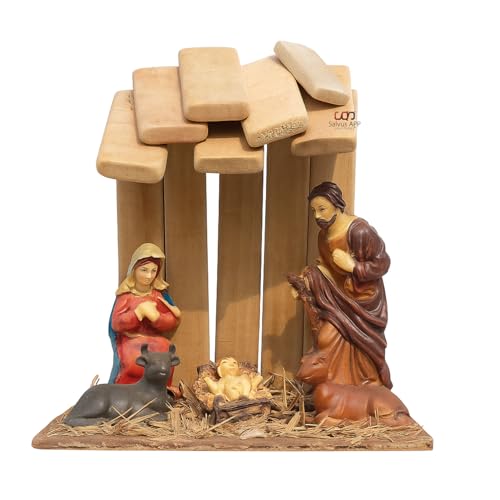 Salvus APP SOLUTIONS Sacred Harmony: Resin 5-Pcs Nativity Set with Wooden Hut - A Timeless Symbol of Christmas Tradition (Multicolor_8x8 Inch) - Image 1