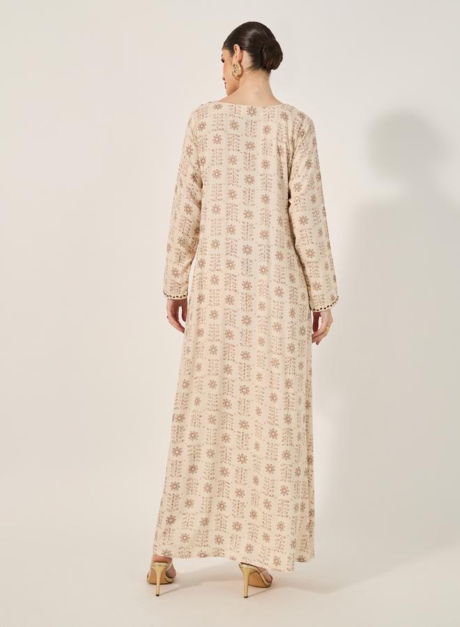 Styli Allover block printed jalabiya with foil imprint and mukawar embroidery neck and crystal embellishment  - Image 5