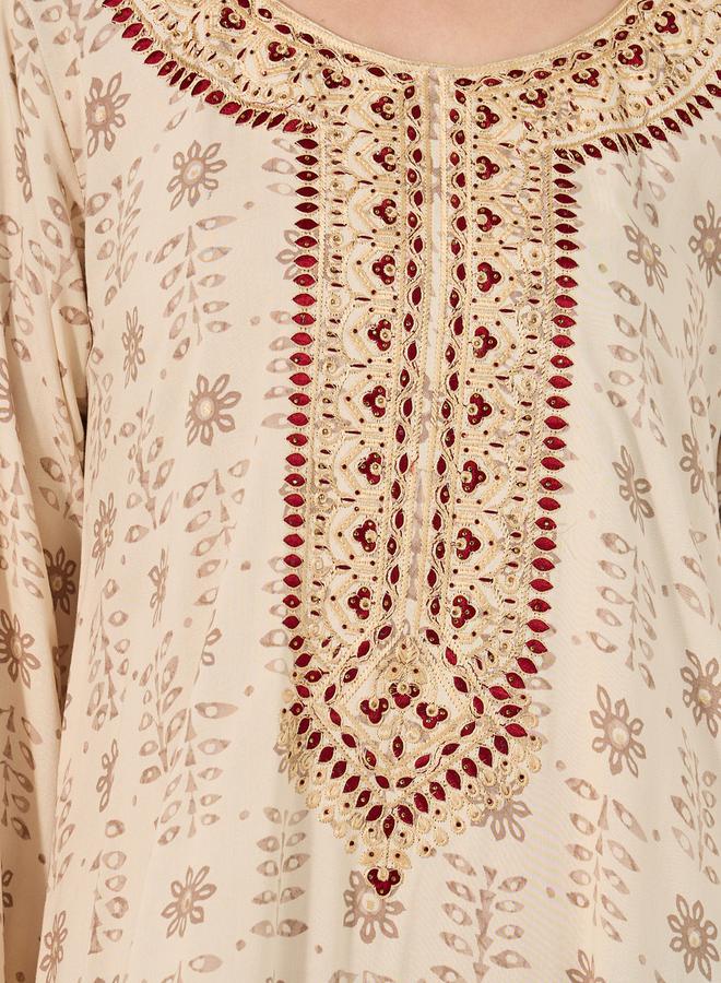 Styli Allover block printed jalabiya with foil imprint and mukawar embroidery neck and crystal embellishment  - Image 4
