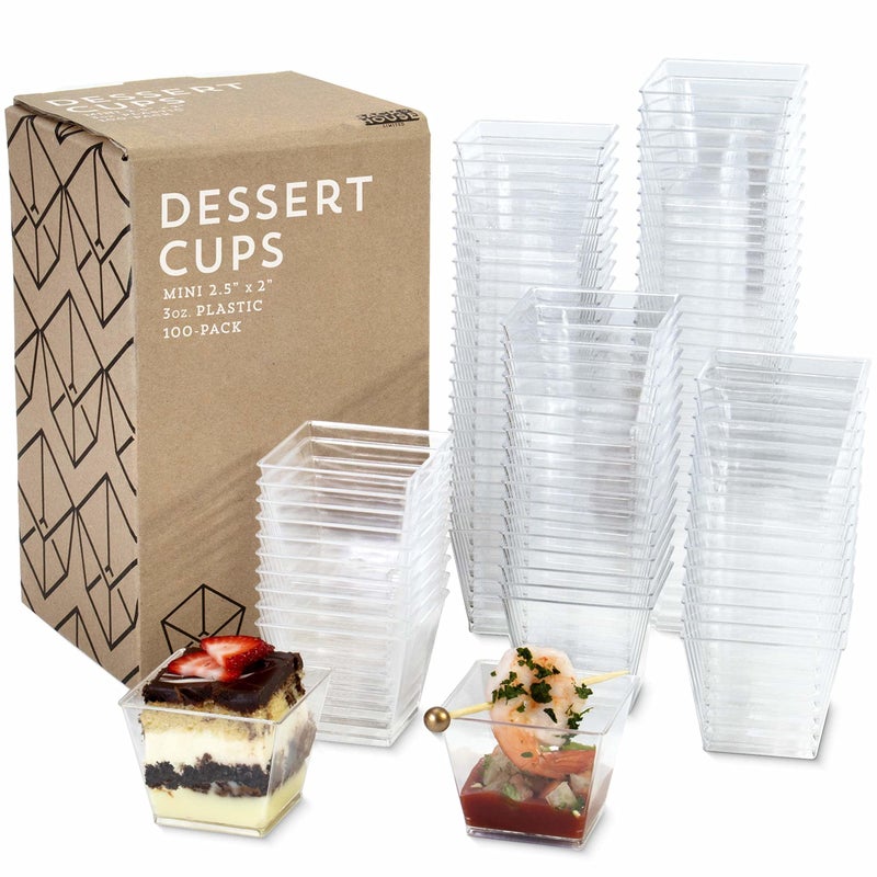 3oz Mini Dessert Cups 100pack  Clear Plastic Square Cups  Small Disposable Shooters for Tasting Parfait Fruit Cake Ice Cream Sauces Jelly Shots  Appetizers Parties Catering  Restaurants