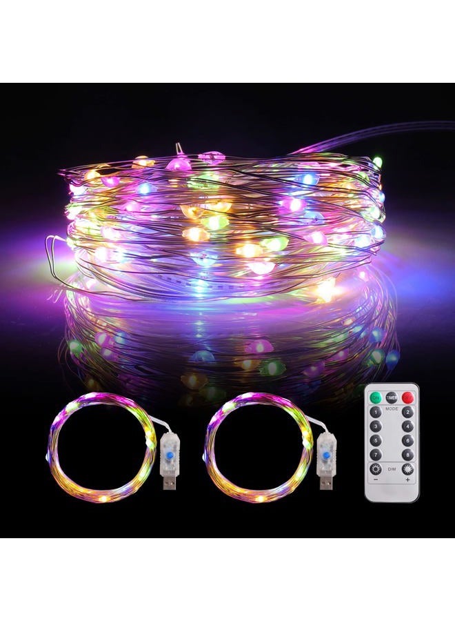 mandiq 2 Pack Fairy Lights 100 LED 33 FT Christmas Lights USB Powered Silver Wire String Lights, Mini Lights with Remote Control are Suitable for Home Decorations (Multicolor) - Image 1