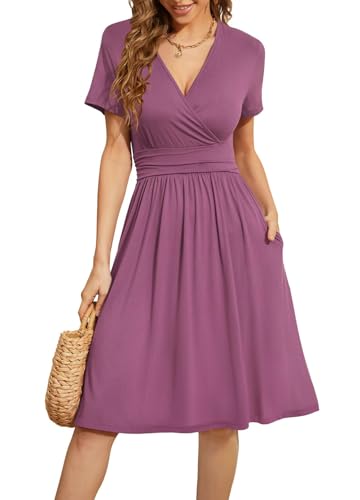 WEACZZY Women Summer Casual Short Sleeve Dresses Empire Waist Dress with Pockets,Mauve,M - Image 5