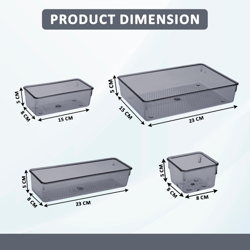 Kuber Industries 4 Pcs Acrylic Transparent Cosmetic Organizer Tray | Drawers Organisers for Kitchen, Office and Bathroom Vanity Makeup | Stationery Storage Drawer Divider Tray | Black - Image 3