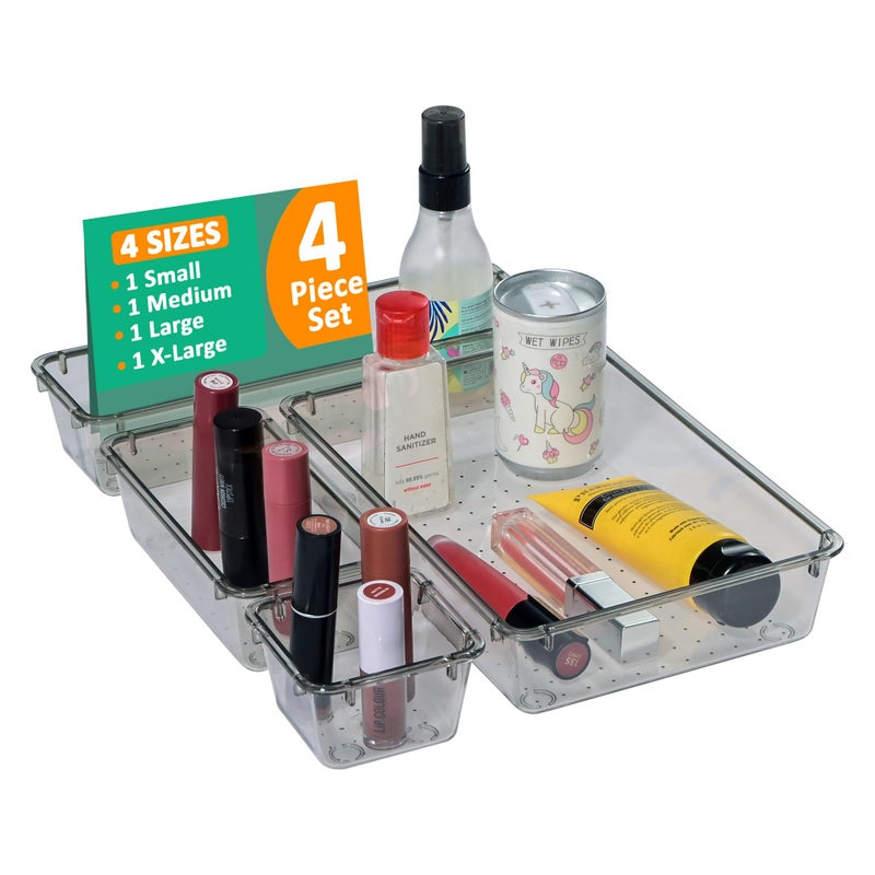 Kuber Industries 4 Pcs Acrylic Transparent Cosmetic Organizer Tray | Drawers Organisers for Kitchen, Office and Bathroom Vanity Makeup | Stationery Storage Drawer Divider Tray | Black - Image 1