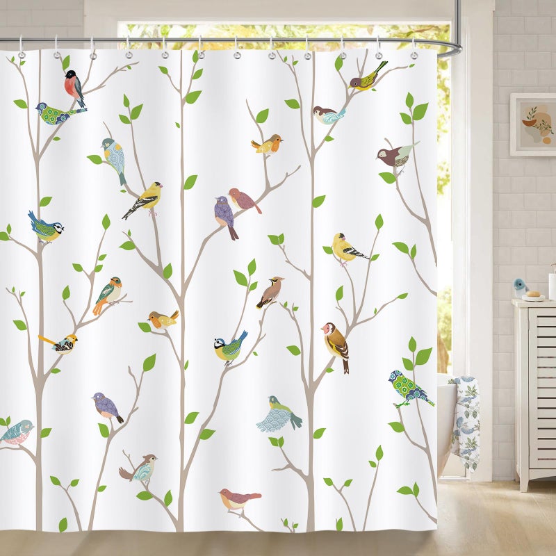 Bonhause Bird Shower Curtain, Spring Birds on Tree with Green Leaves Bathroom Decor 72 x 72 Inch Polyester Fabric Waterproof Bath Curtain with 12 Hooks - Image 2