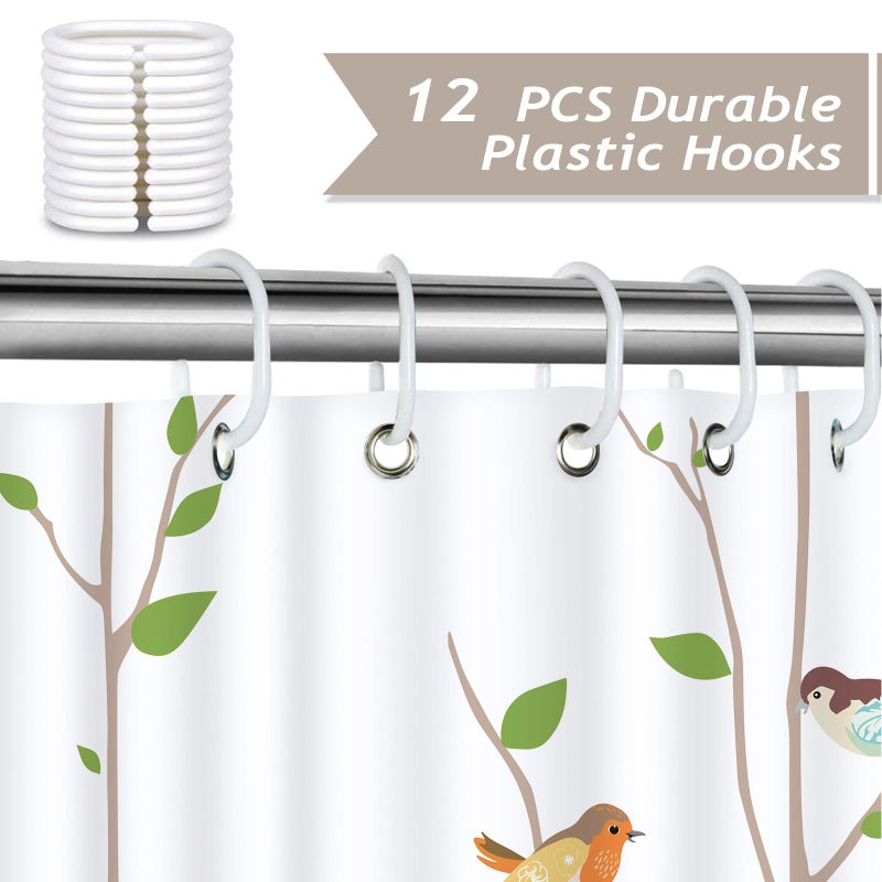 Bonhause Bird Shower Curtain, Spring Birds on Tree with Green Leaves Bathroom Decor 72 x 72 Inch Polyester Fabric Waterproof Bath Curtain with 12 Hooks - Image 3