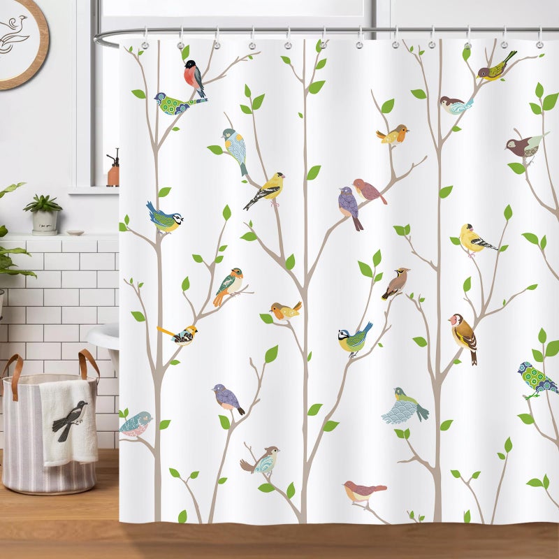 Bonhause Bird Shower Curtain, Spring Birds on Tree with Green Leaves Bathroom Decor 72 x 72 Inch Polyester Fabric Waterproof Bath Curtain with 12 Hooks - Image 1