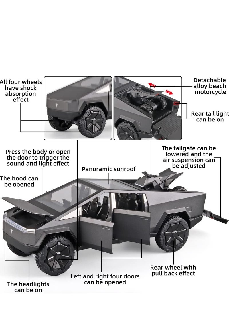 XiuWoo Boy Toy Pickup Truck 1/24 Die-cast Metal Model Car, with Sound and Light, Pull Back, Suitable for Children Aged 3 and Above as Birthday Gifts (Gray, Equipped with Beach Motorcycle)  - Image 3