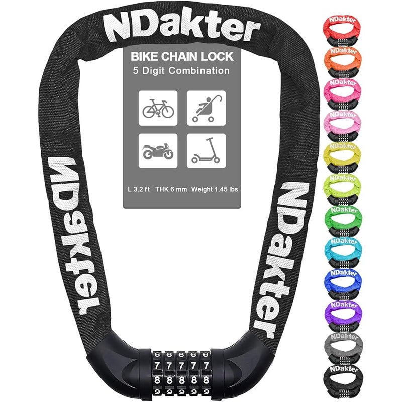 NDakter ان داكتر قفل سلسلة دراجة من 5 ارقام شديد التحمل مضاد للسرقة بطول 3.2/4.27/5 قدم قابل لاعادة الضبط للدراجات الهوائية والسكوتر والدراجة النارية والباب والبوابة والسياج - Image 1
