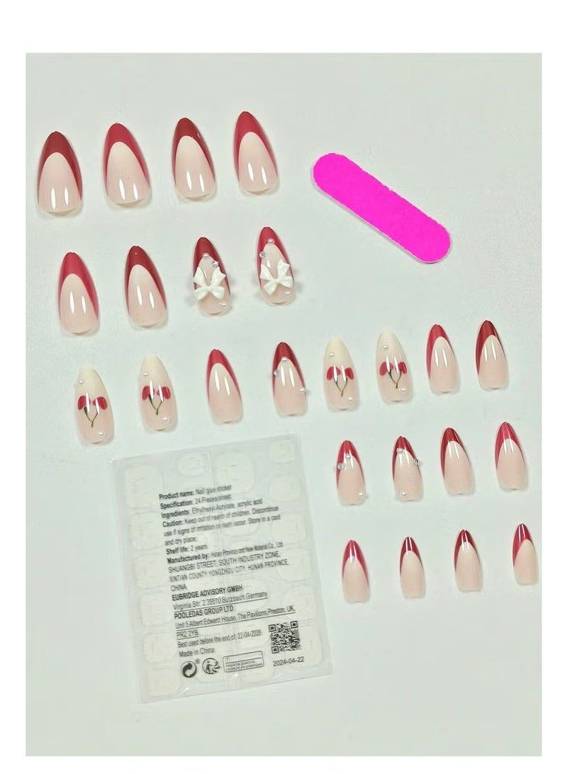 لوميا 24 قطعة من أظافر اللوز القصيرة الفرنسية، أظافر صناعية بتغطية كاملة، مع فيونكة ثلاثية الأبعاد مرصعة بأحجار الراين وتصميم الكرز، نمط لامع متألق، للحفلات النسائية والاستخدام اليومي (أحمر) - Image 2