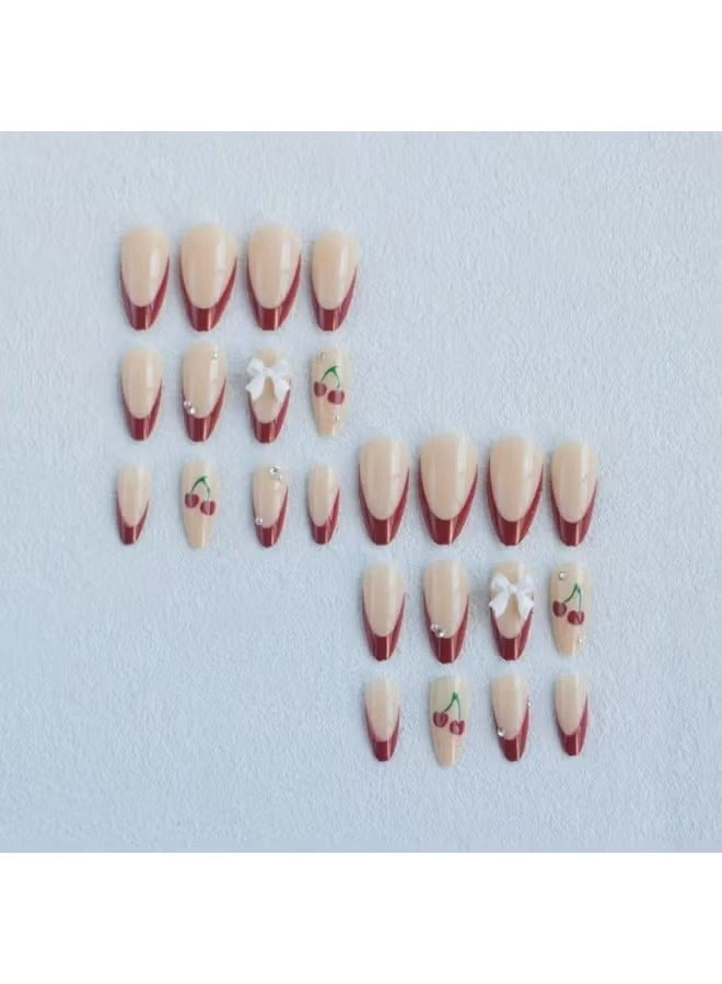 لوميا 24 قطعة من أظافر اللوز القصيرة الفرنسية، أظافر صناعية بتغطية كاملة، مع فيونكة ثلاثية الأبعاد مرصعة بأحجار الراين وتصميم الكرز، نمط لامع متألق، للحفلات النسائية والاستخدام اليومي (أحمر) - Image 3
