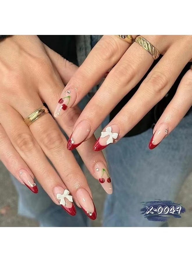 لوميا 24 قطعة من أظافر اللوز القصيرة الفرنسية، أظافر صناعية بتغطية كاملة، مع فيونكة ثلاثية الأبعاد مرصعة بأحجار الراين وتصميم الكرز، نمط لامع متألق، للحفلات النسائية والاستخدام اليومي (أحمر) - Image 4
