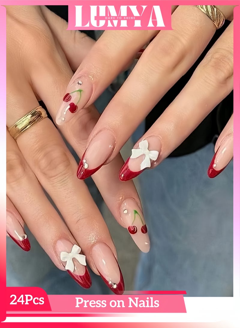 لوميا 24 قطعة من أظافر اللوز القصيرة الفرنسية، أظافر صناعية بتغطية كاملة، مع فيونكة ثلاثية الأبعاد مرصعة بأحجار الراين وتصميم الكرز، نمط لامع متألق، للحفلات النسائية والاستخدام اليومي (أحمر) - Image 1