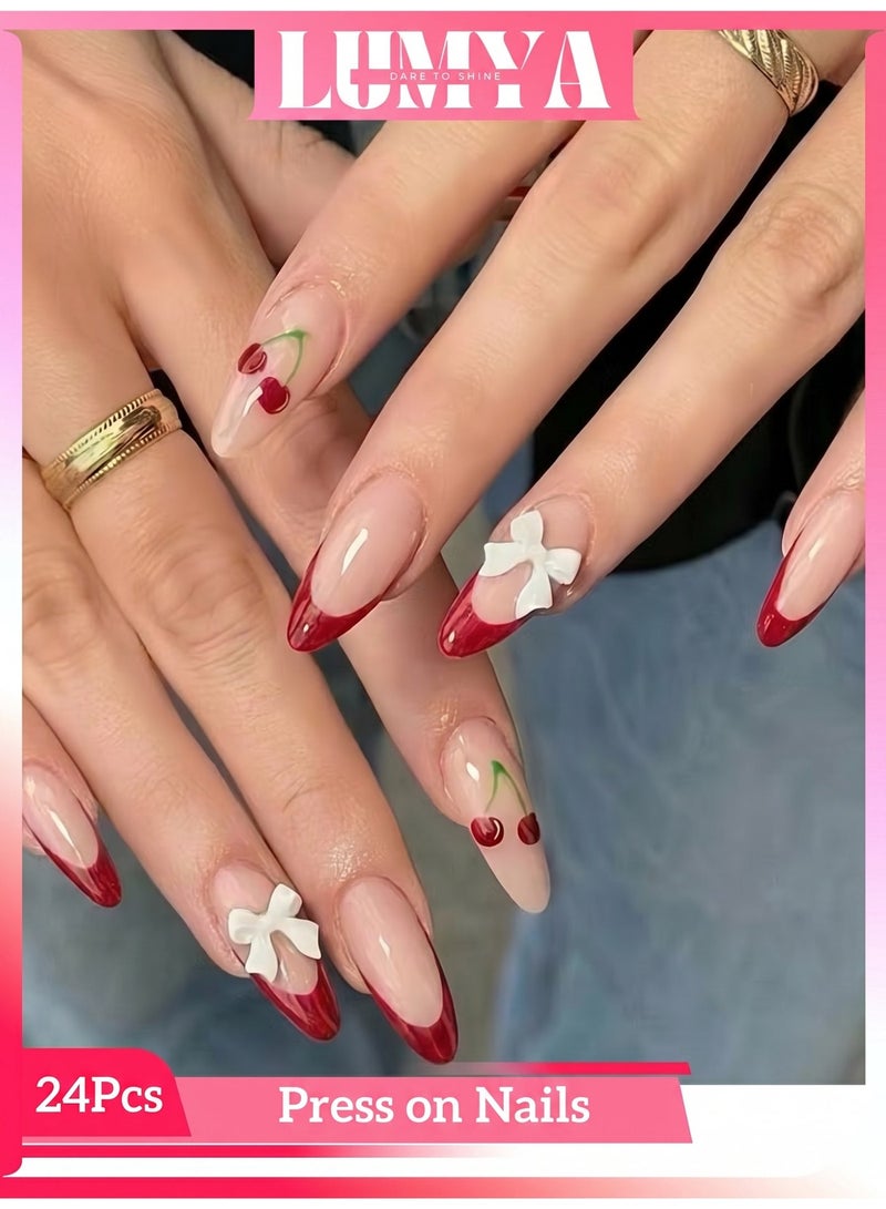 LUMYA 24 Pcs Short Almond French Tip Press On Nails, Full Cover Fake Nails, With Rhinestone 3D Bow and Cherry Design, Glossy Sparkling Style, For Women Party and Daily Use(Red) - Image 1