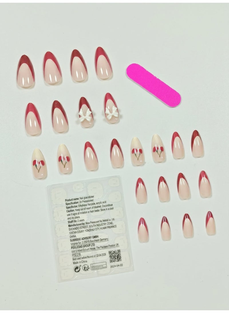 LUMYA 24 Pcs Short Almond French Tip Press On Nails, Full Cover Fake Nails, With Rhinestone 3D Bow and Cherry Design, Glossy Sparkling Style, For Women Party and Daily Use(Red) - Image 2