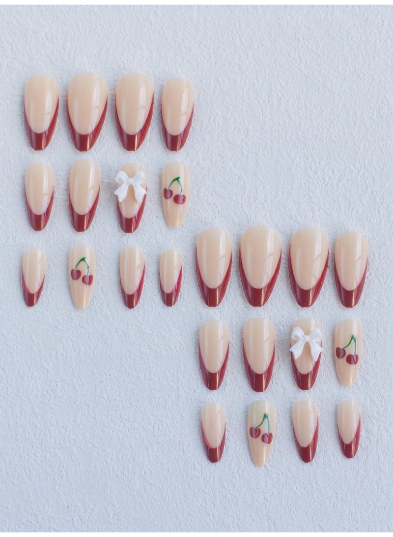 LUMYA 24 Pcs Short Almond French Tip Press On Nails, Full Cover Fake Nails, With Rhinestone 3D Bow and Cherry Design, Glossy Sparkling Style, For Women Party and Daily Use(Red) - Image 3