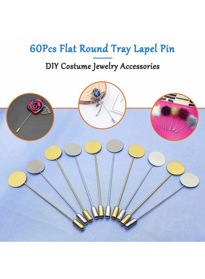 Oubaka 60Pcs Flat Round Tray Lapel Pin,Stainless Steel Safety Pins Stick Pins Brooch Pin Needle Suit Tie Hat pin Scarf Badge for DIY Costume Jewellery Making Accessories - Image 2