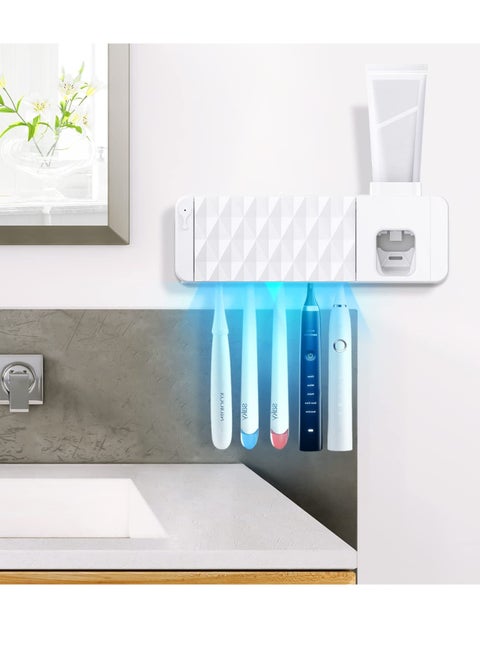 Wall Mounted Disinfection Toothbrush Holder with Automatic Toothpaste Dispenser, 5 Toothbrush Slots & Timing Function, Battery-Powered, Keeps Your Toothbrush Hygienic (White)