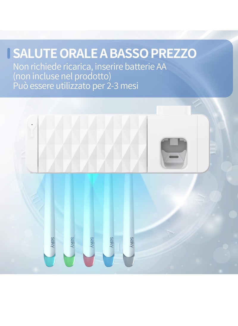 Excefore - Wall Mounted Disinfection Toothbrush Holder with Automatic Toothpaste Dispenser, 5 Toothbrush Slots & Timing Function, Battery-Powered, Keeps Your Toothbrush Hygienic (White) - Image 1