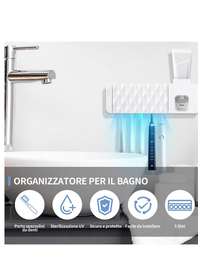 Excefore - Wall Mounted Disinfection Toothbrush Holder with Automatic Toothpaste Dispenser, 5 Toothbrush Slots & Timing Function, Battery-Powered, Keeps Your Toothbrush Hygienic (White) - Image 1