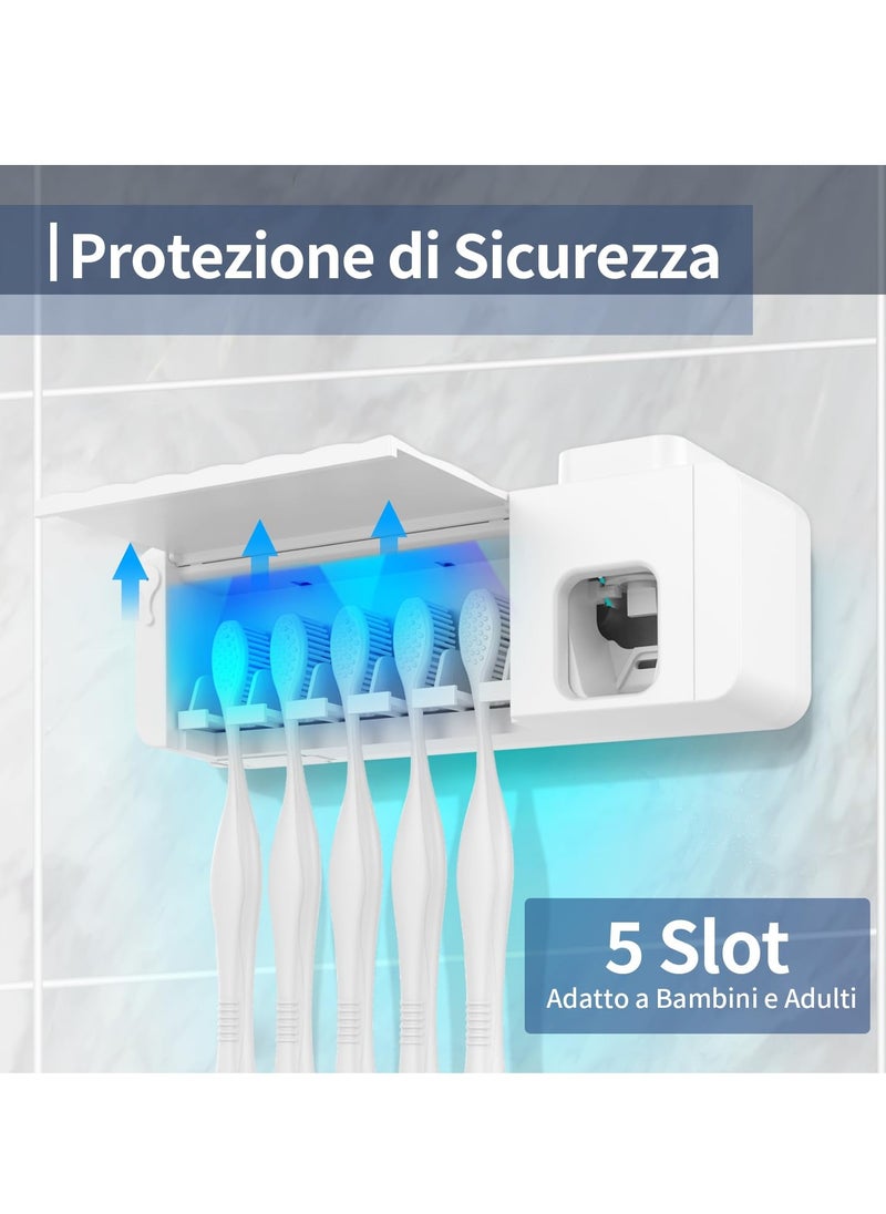 Excefore - Wall Mounted Disinfection Toothbrush Holder with Automatic Toothpaste Dispenser, 5 Toothbrush Slots & Timing Function, Battery-Powered, Keeps Your Toothbrush Hygienic (White) - Image 1