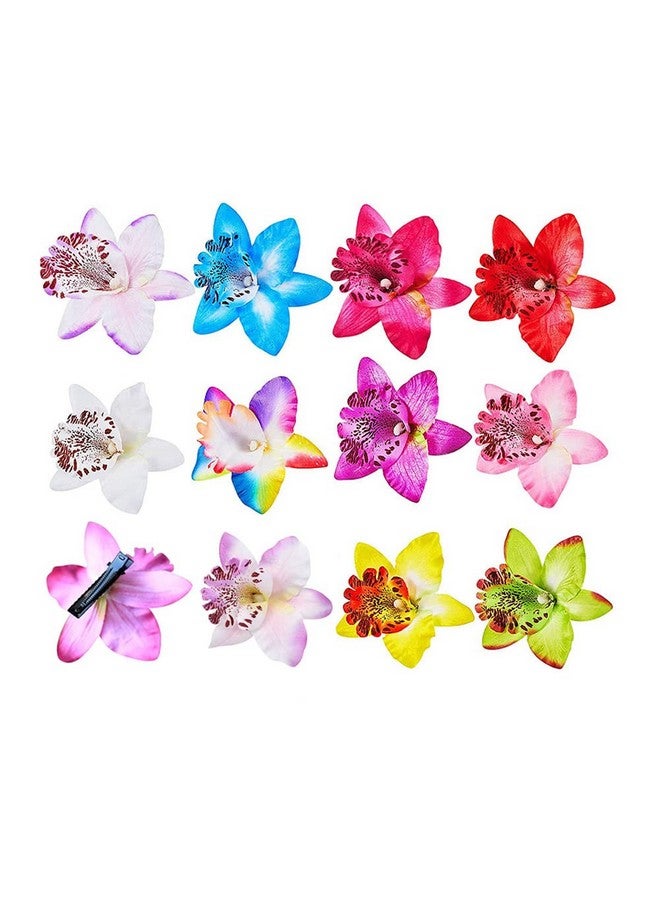 Quupy 12Pcs Bohemian Flower Hairpin Colourful Hawaiian Flowers Orchid Flower Crocodile Hair Clips For Lady Women Girls Bridal Wedding Party Beach Hair Style Accessories - Image 1