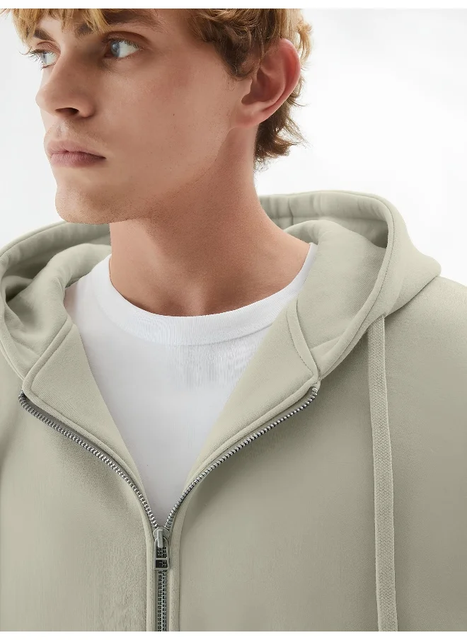 مانياك Mens Solid Hooded Neck Full Sleeve Full Zipper Open Cream HalfWhite French Terry Loose fit Sweatshirt