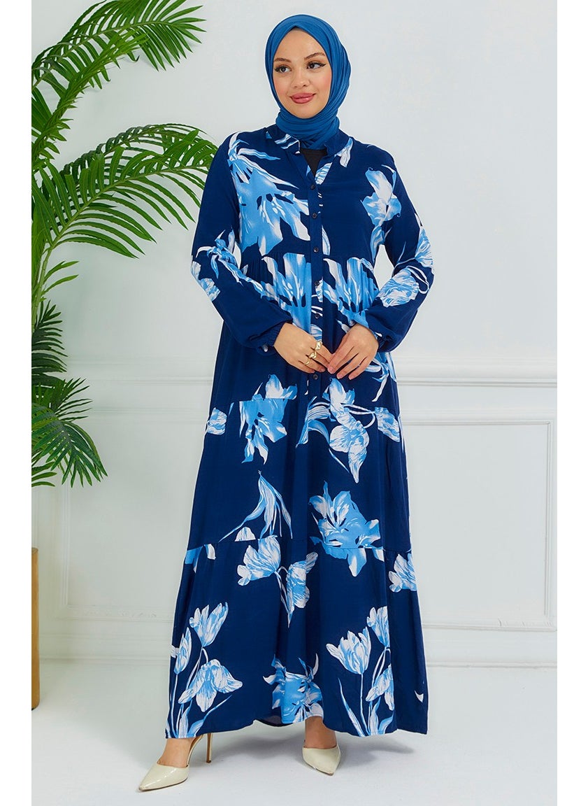 Sefa Merve - Floral Patterned Dress 4094-02 Navy Blue - Image 1