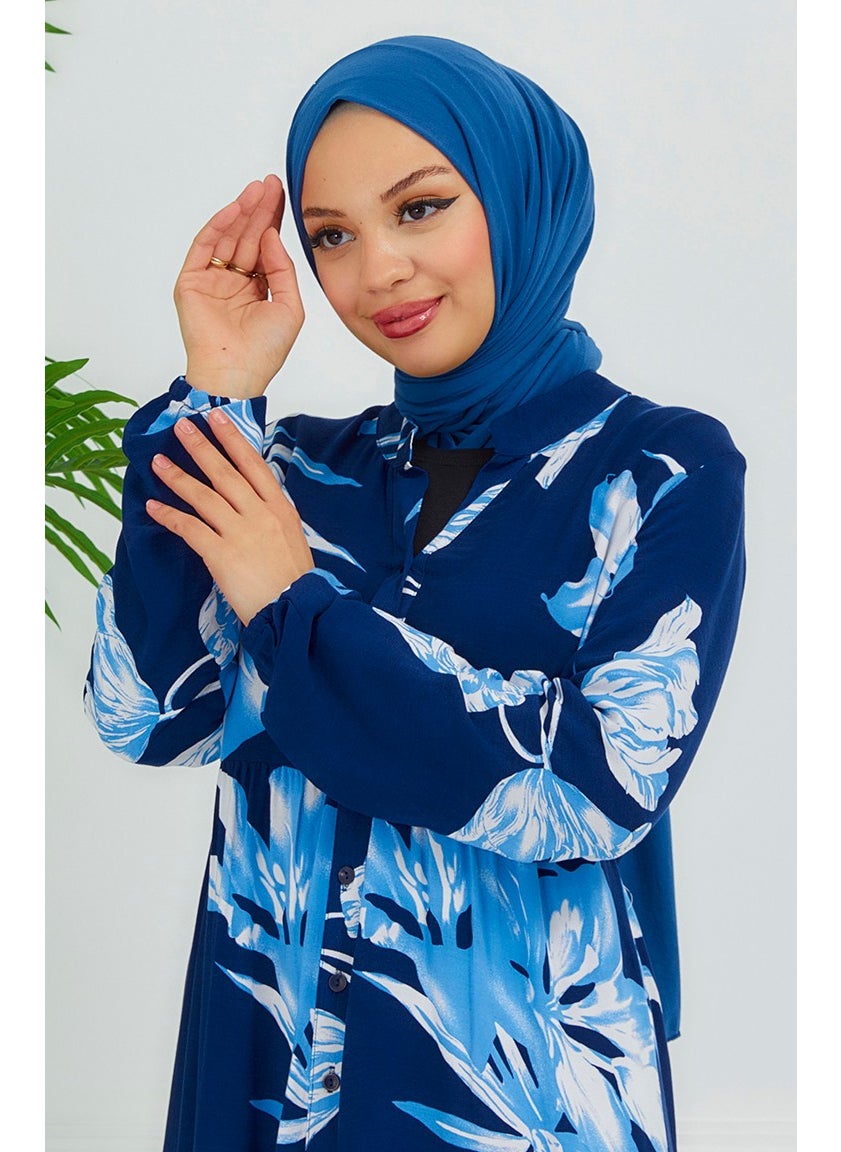 Sefa Merve - Floral Patterned Dress 4094-02 Navy Blue - Image 1