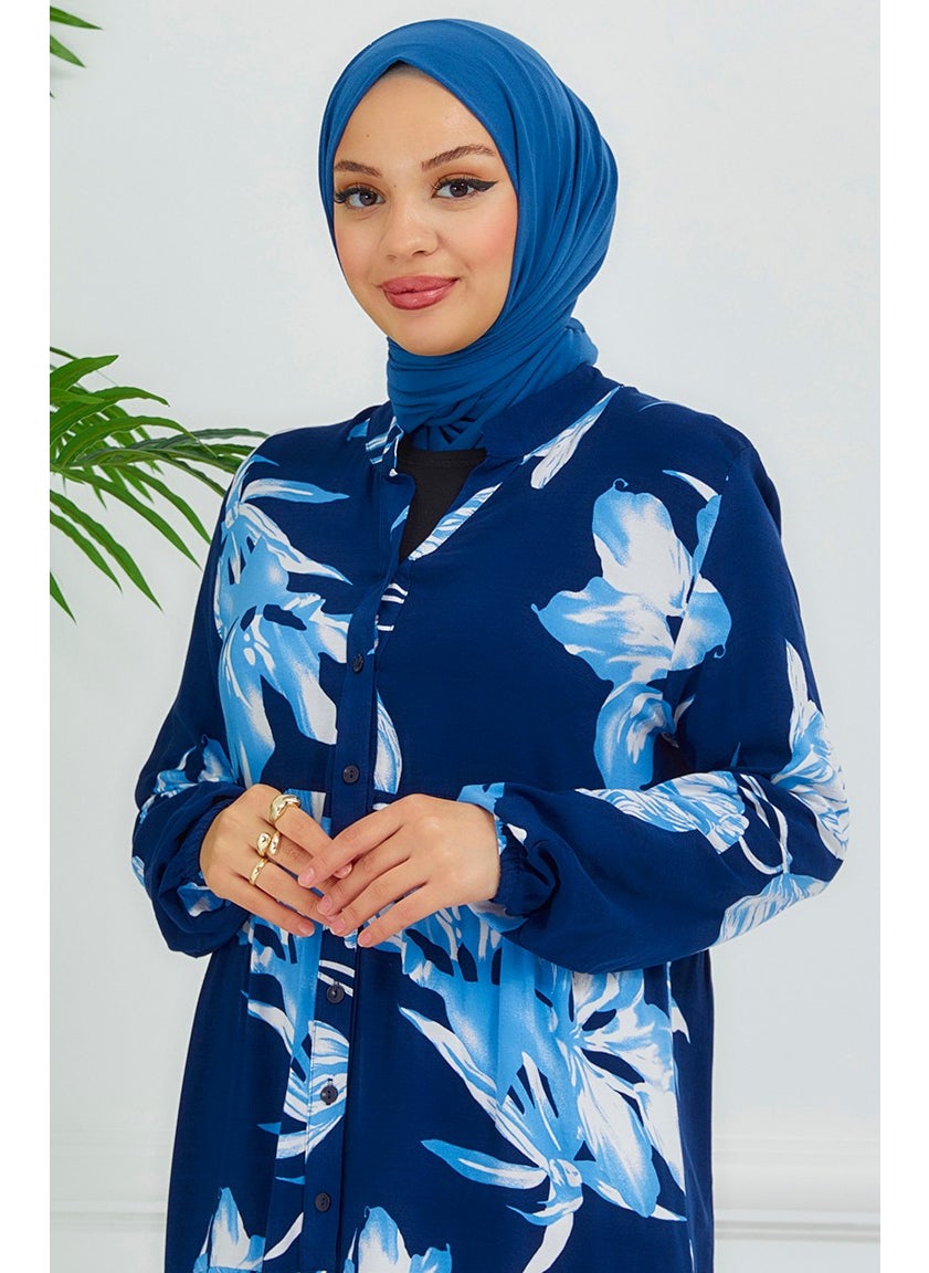 Sefa Merve - Floral Patterned Dress 4094-02 Navy Blue - Image 1
