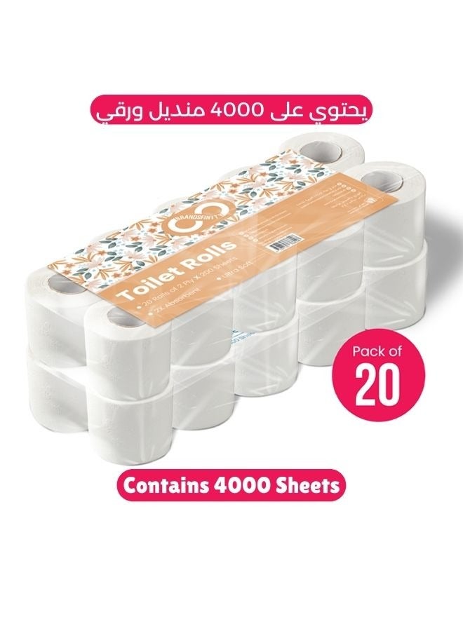 BRANDSFINITY Toilet Paper 2 Ply, 20 Rolls x 200 Sheets, Longer Lasting Absorbent Toilet Roll, Premium Silky Feel Softness Bathroom Tissue, 2 Ply Tissue Thickness - Image 1