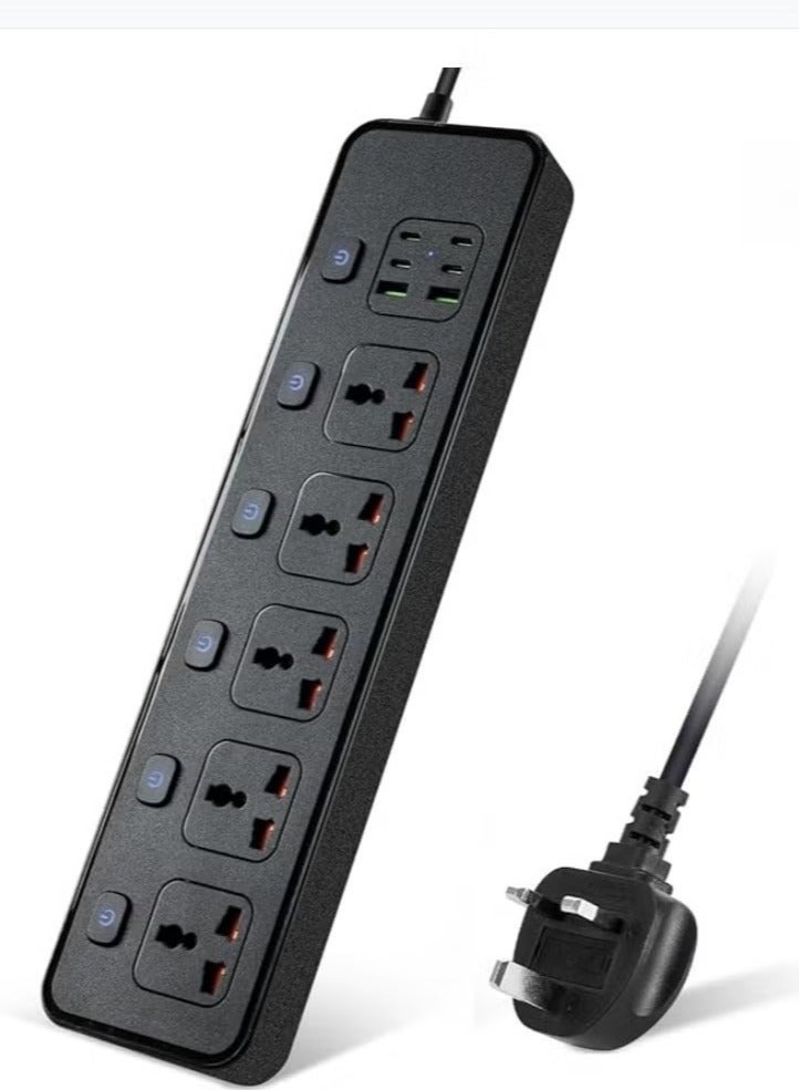 Anmi 3m Extension Lead 5 AC Way with 2 USB,4 Type-C Slots(5V 4.2A), 13Amp UK Plug Power(3250W/13A),Power Strip for Home Office (Black) - Image 1