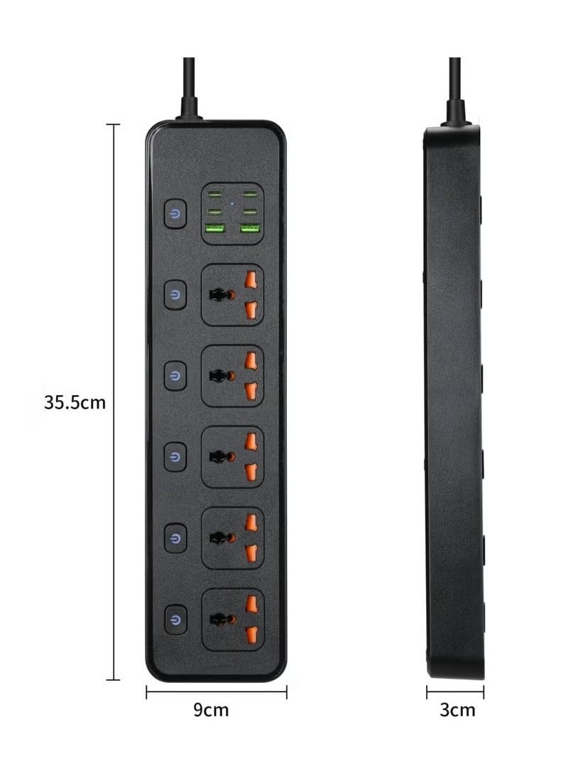 Anmi 3m Extension Lead 5 AC Way with 2 USB,4 Type-C Slots(5V 4.2A), 13Amp UK Plug Power(3250W/13A),Power Strip for Home Office (Black) - Image 2