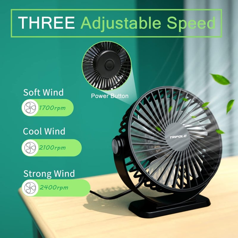 TriPole Desk Fan USB Powered 2 Pack Black Small Portable Fan, 3 Speeds Strong Airflow Mini Fan 360°Rotation Personal Fan 5.1 Inch Table Fan for Home Office Bedroom Desktop Travel, 4.9ft Cable - Image 4