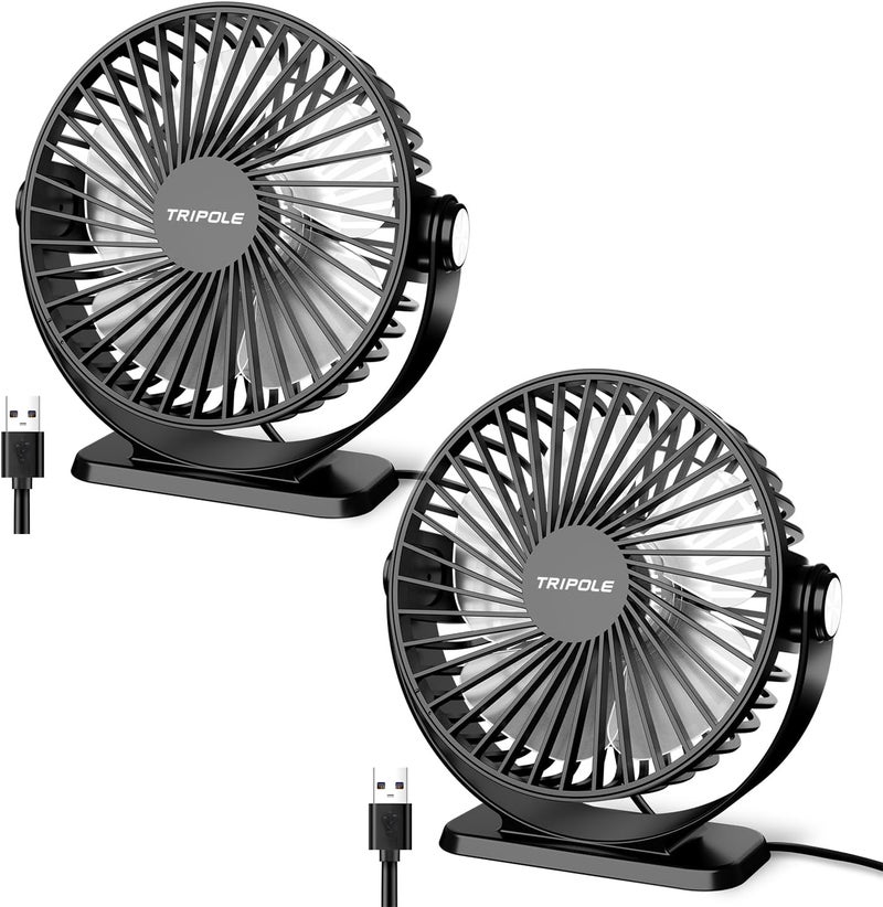 TriPole Desk Fan USB Powered 2 Pack Black Small Portable Fan, 3 Speeds Strong Airflow Mini Fan 360°Rotation Personal Fan 5.1 Inch Table Fan for Home Office Bedroom Desktop Travel, 4.9ft Cable - Image 1