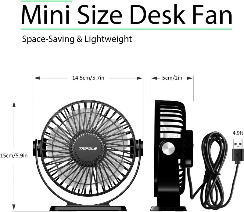 TriPole Desk Fan USB Powered 2 Pack Black Small Portable Fan, 3 Speeds Strong Airflow Mini Fan 360°Rotation Personal Fan 5.1 Inch Table Fan for Home Office Bedroom Desktop Travel, 4.9ft Cable - Image 2