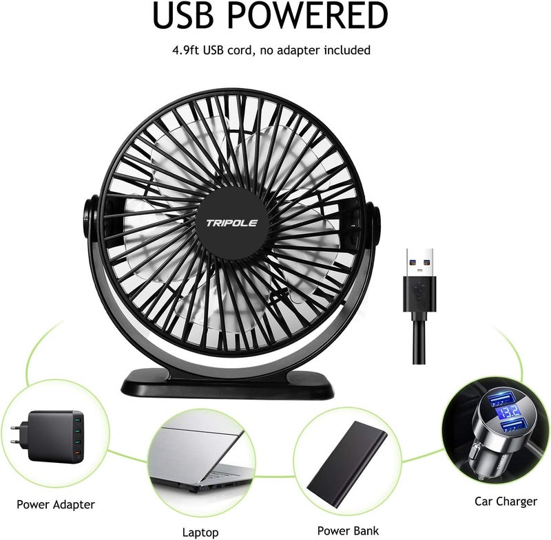 TriPole Desk Fan USB Powered 2 Pack Black Small Portable Fan, 3 Speeds Strong Airflow Mini Fan 360°Rotation Personal Fan 5.1 Inch Table Fan for Home Office Bedroom Desktop Travel, 4.9ft Cable - Image 3